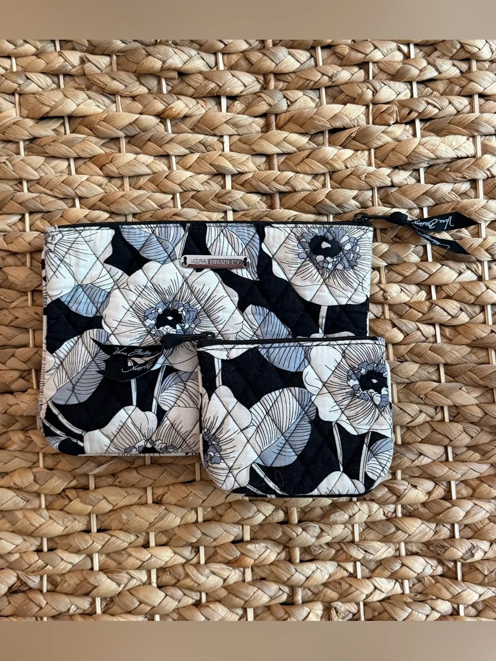Vera Bradley Black White and Light Blue Quilted Floral Set
